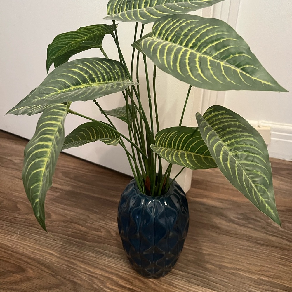 Michaels Blue Vase with Green Faux Leaves